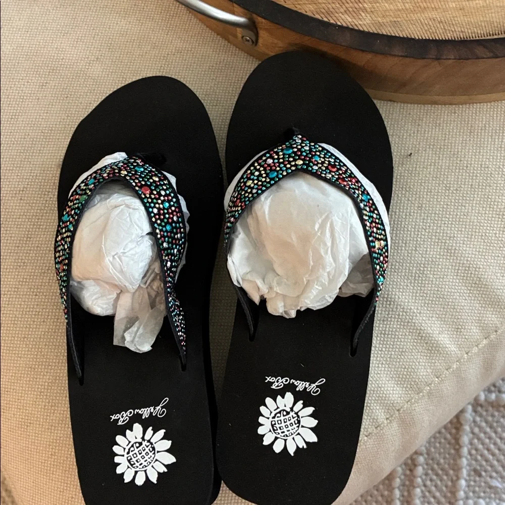 Yellow Box Black Flip Flops with Colorful Beads - Picture 2 of 6